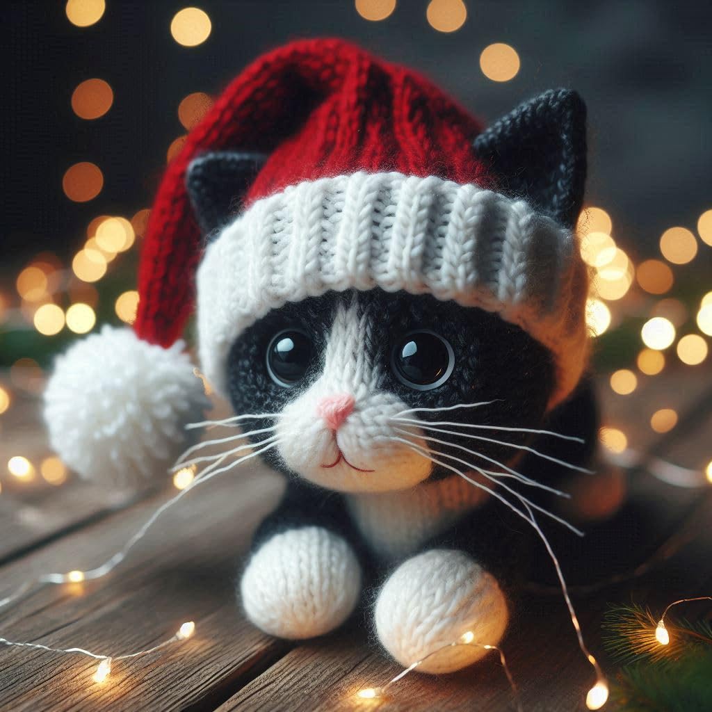 Knitted Black and White Cat Christmas Card