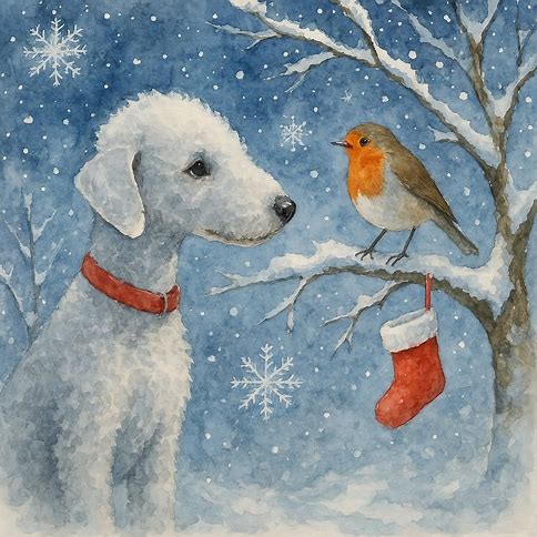 Christmas Card featuring Bedlington Terrier and robin in a snowy scene with a stocking and tree.