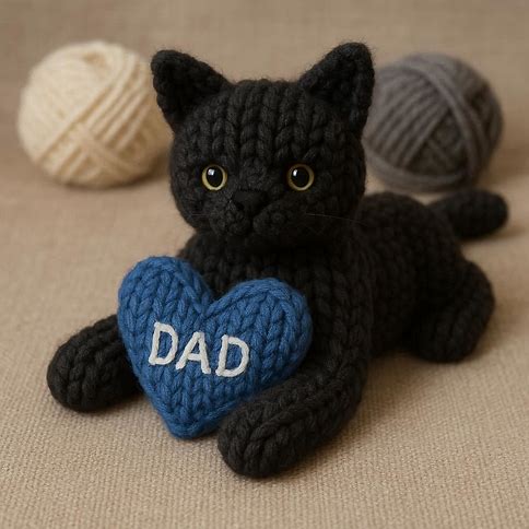 Knitted black cat with a blue heart that says DAD