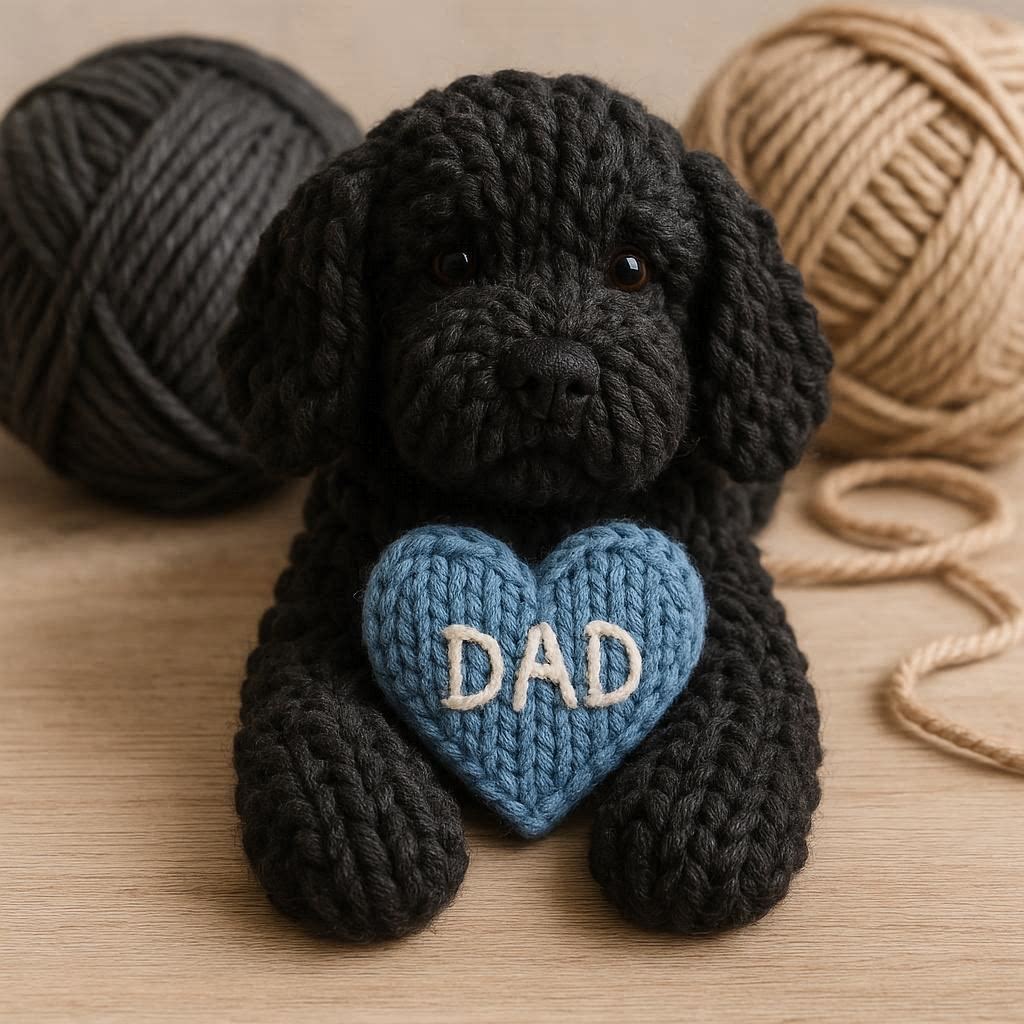 Knitted black cockapoo with a blue heart that says DAD