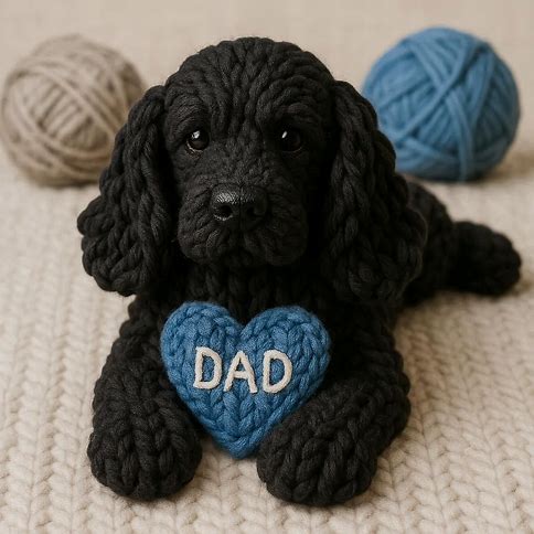 Knitted Black Cocker Spaniel with a blue heart that says DAD