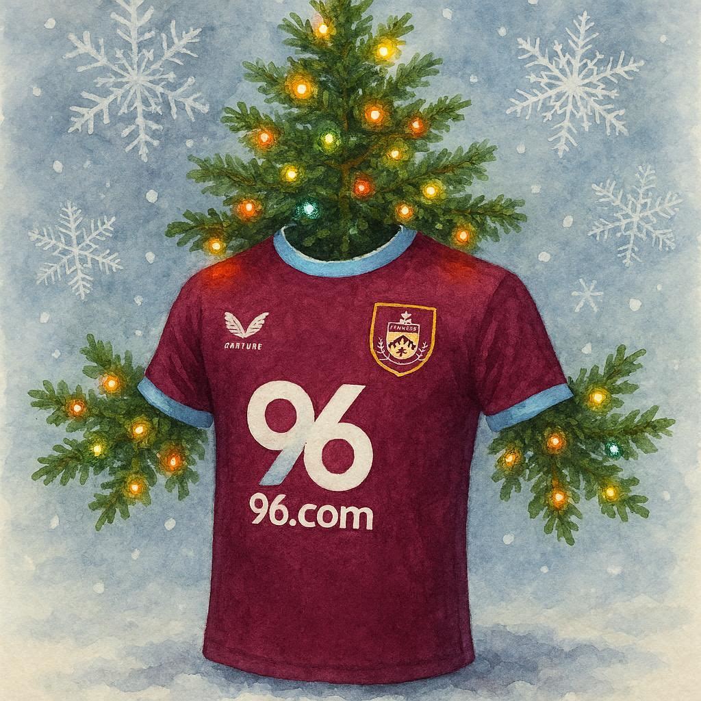 Burnley Football shirt on a snowy background with a Christmas tree.