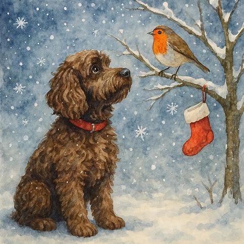 Christmas Card featuring a chocolate cockapoo and robin in a snowy scene with a stocking.