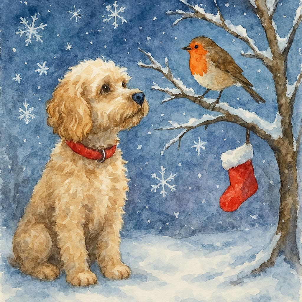 Christmas Card featuring a cockapoo and robin in a snowy scene with a stocking and tree.