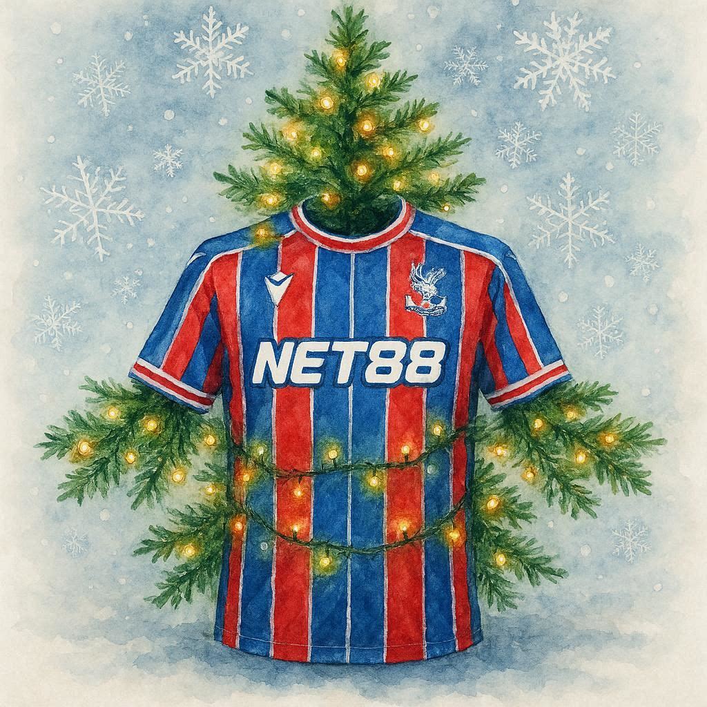 Crystal Palace Football Shirt featuring a Christmas tree and lights on a snowy background.