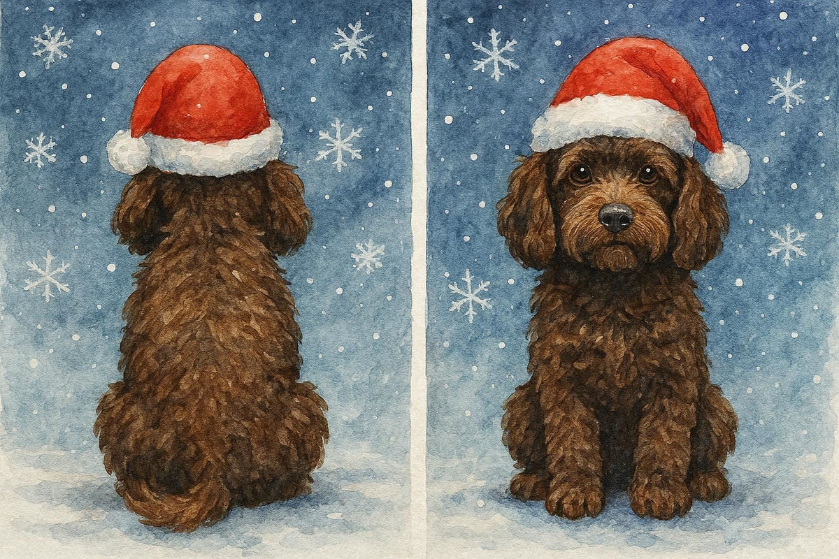 Front and back of Chocolate Cockapoo Christmas Card