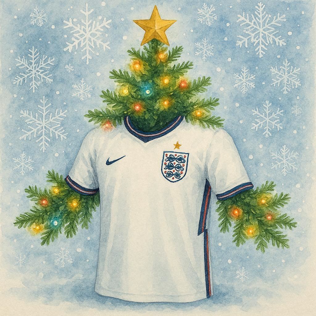 Christmas-themed design with a tree-shaped head on an England football jersey against a snowy background