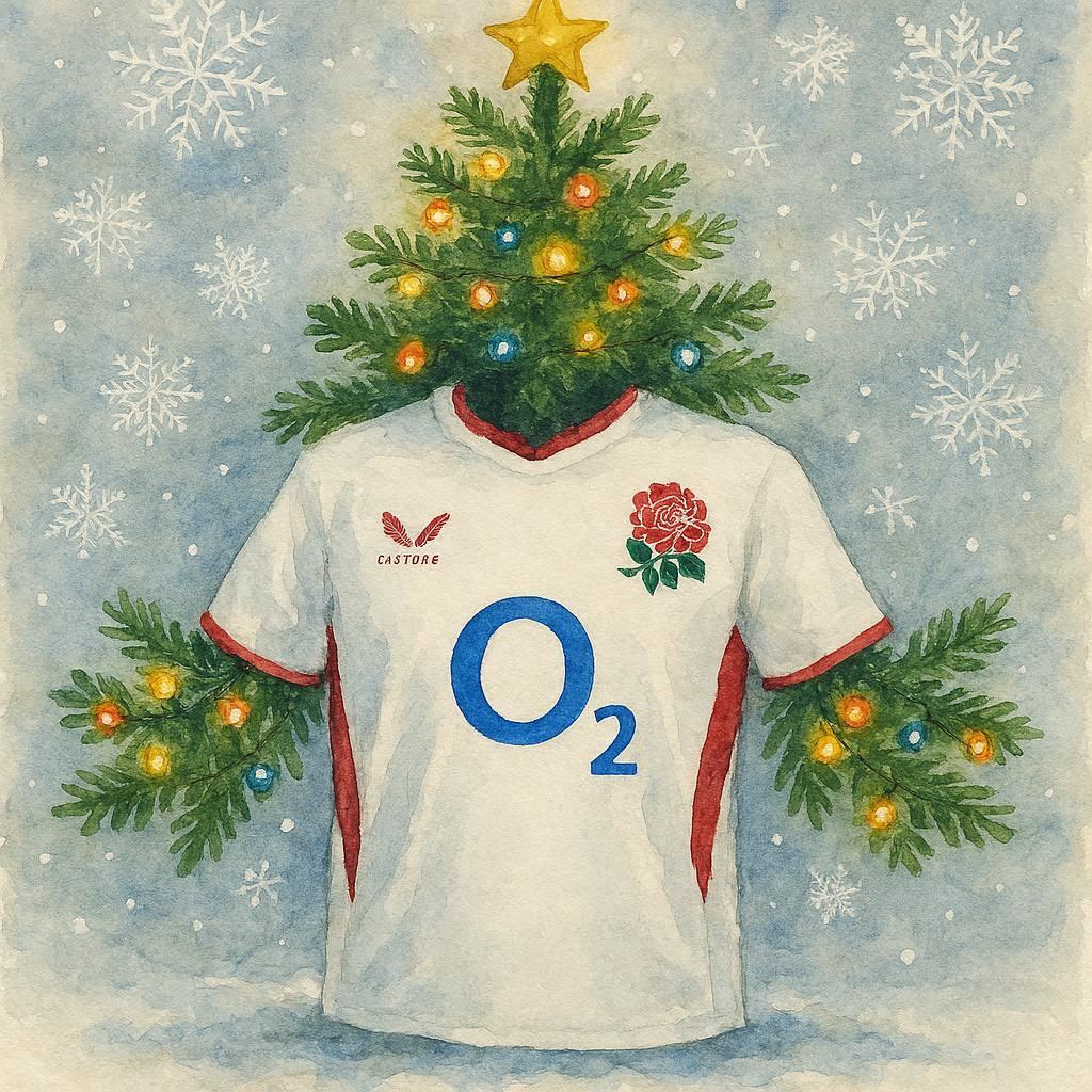 England Rugby Shirt with a tree head, lights, and snowflakes on a blue background