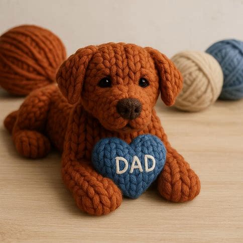 Knitted fox red labrador with a blue heart that says DAD