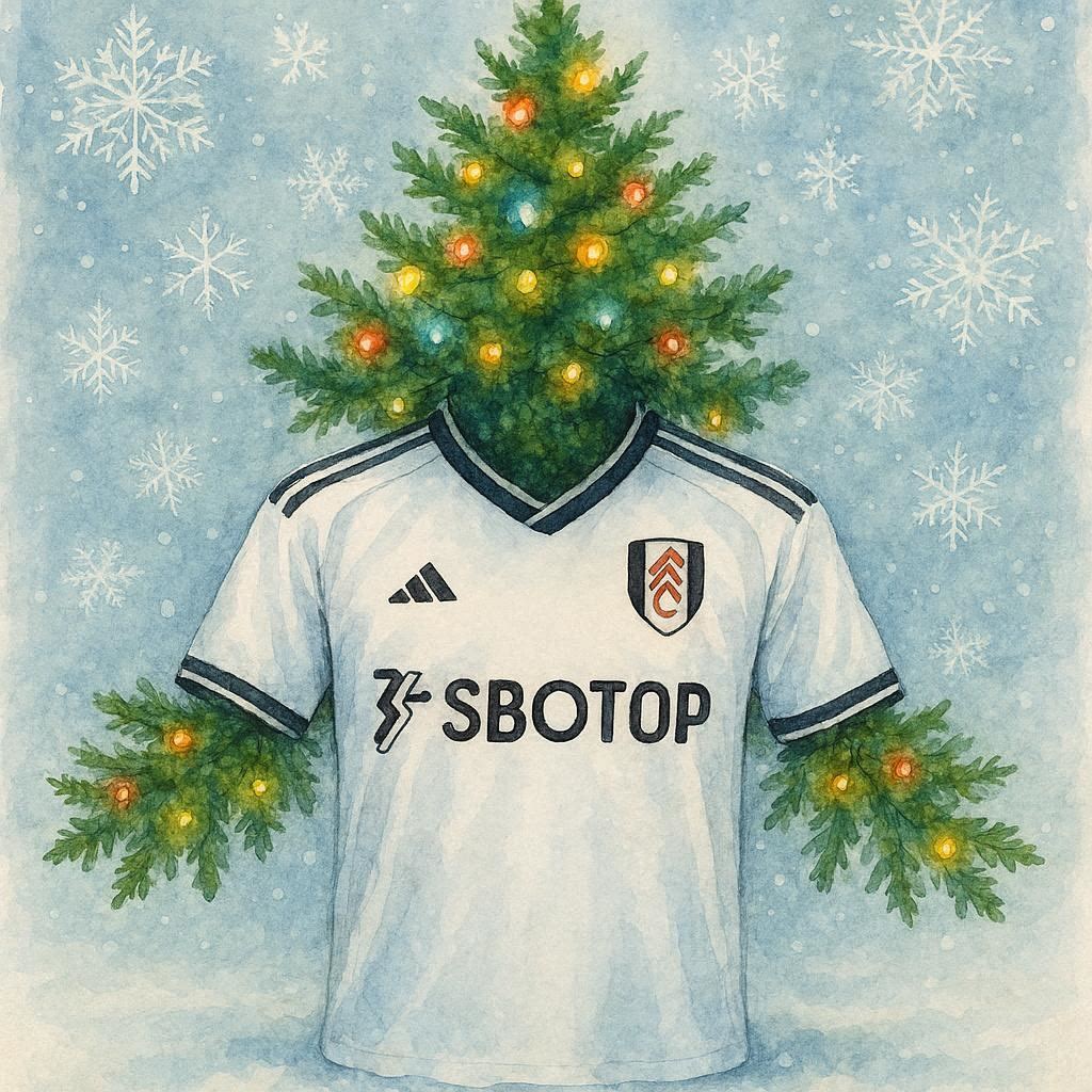 Fulham Football Shirt with a Christmas tree on top against a snowy background