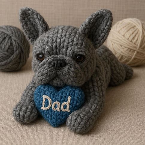 Knitted grey frenchie with a blue heart that says DAD