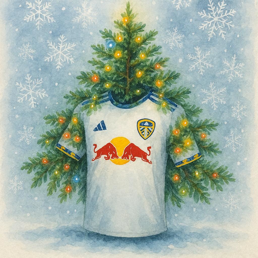 Christmas-themed design with a tree and a Leeds Football shirt on a snowy background