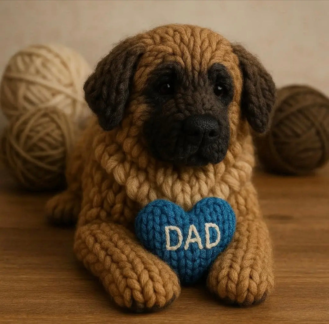 Knitted leonberger with a blue heart that says DAD