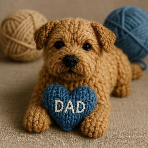 Knitted norfolk terrier with a blue heart that says DAD