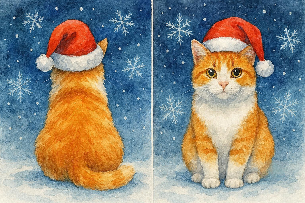 Front and back of a Ginger cat wearing a Santa hat against a snowy background