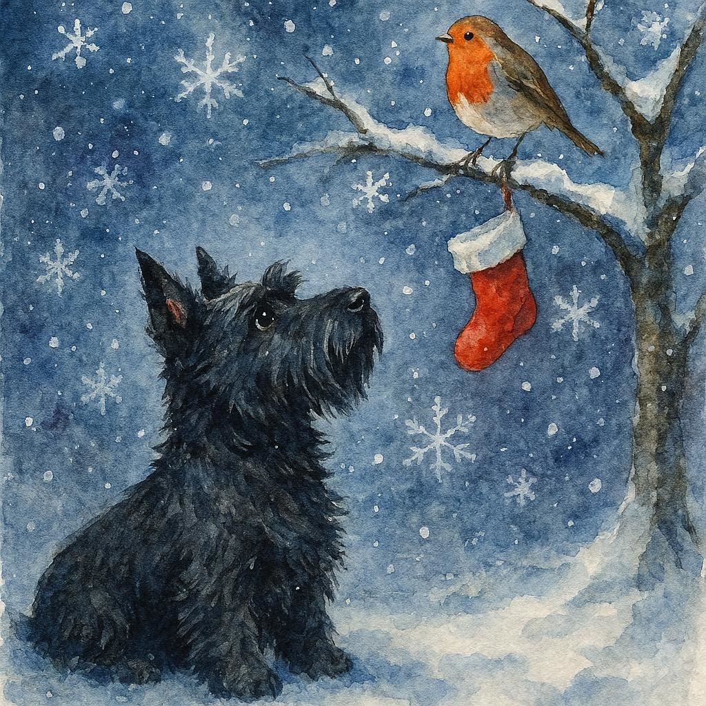 Christmas card of a scottie and a robin in a snowy scene with a red stocking.