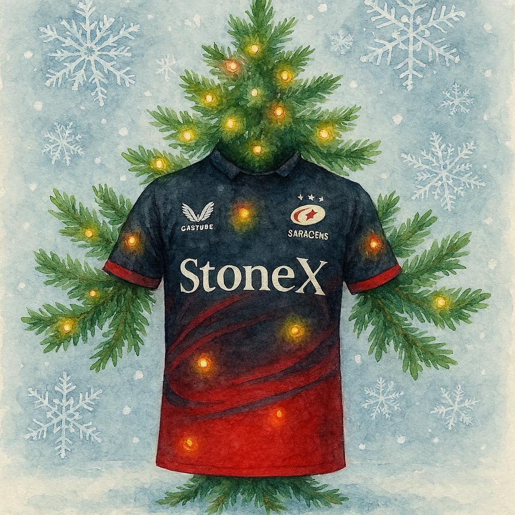 Christmas card with Sarasens Rugby shirt, christmas tree design on a snowy background