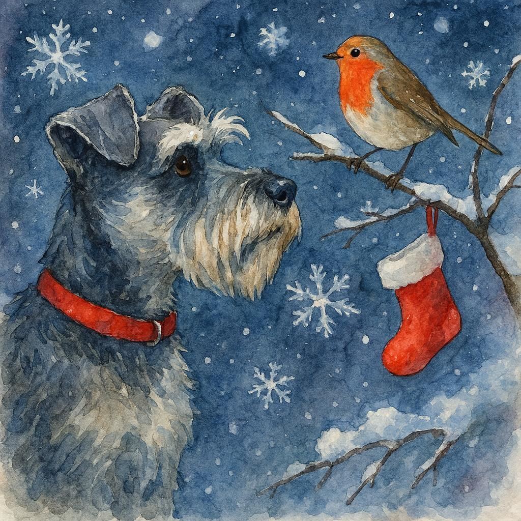 Christmas card featuring a schnauzer and robin snowy scene