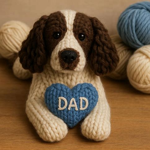 Knitted springer spaniel with a blue heart that says DAD