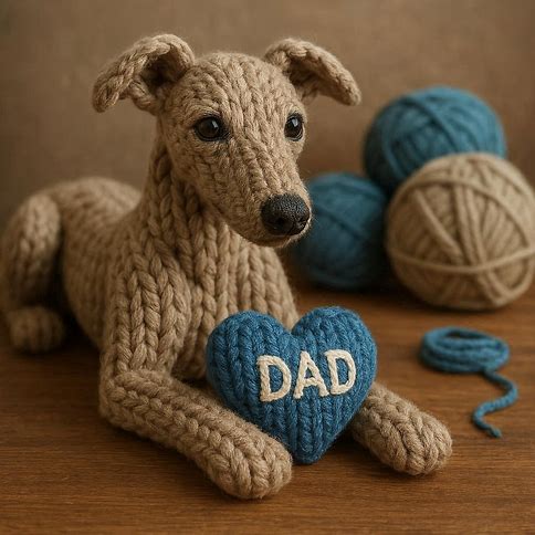Knitted whippet with a blue heart that says DAD