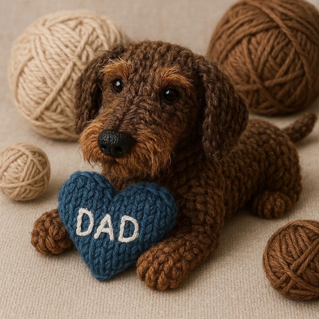 Knitted wire haired dachshund with a blue heart that says DAD
