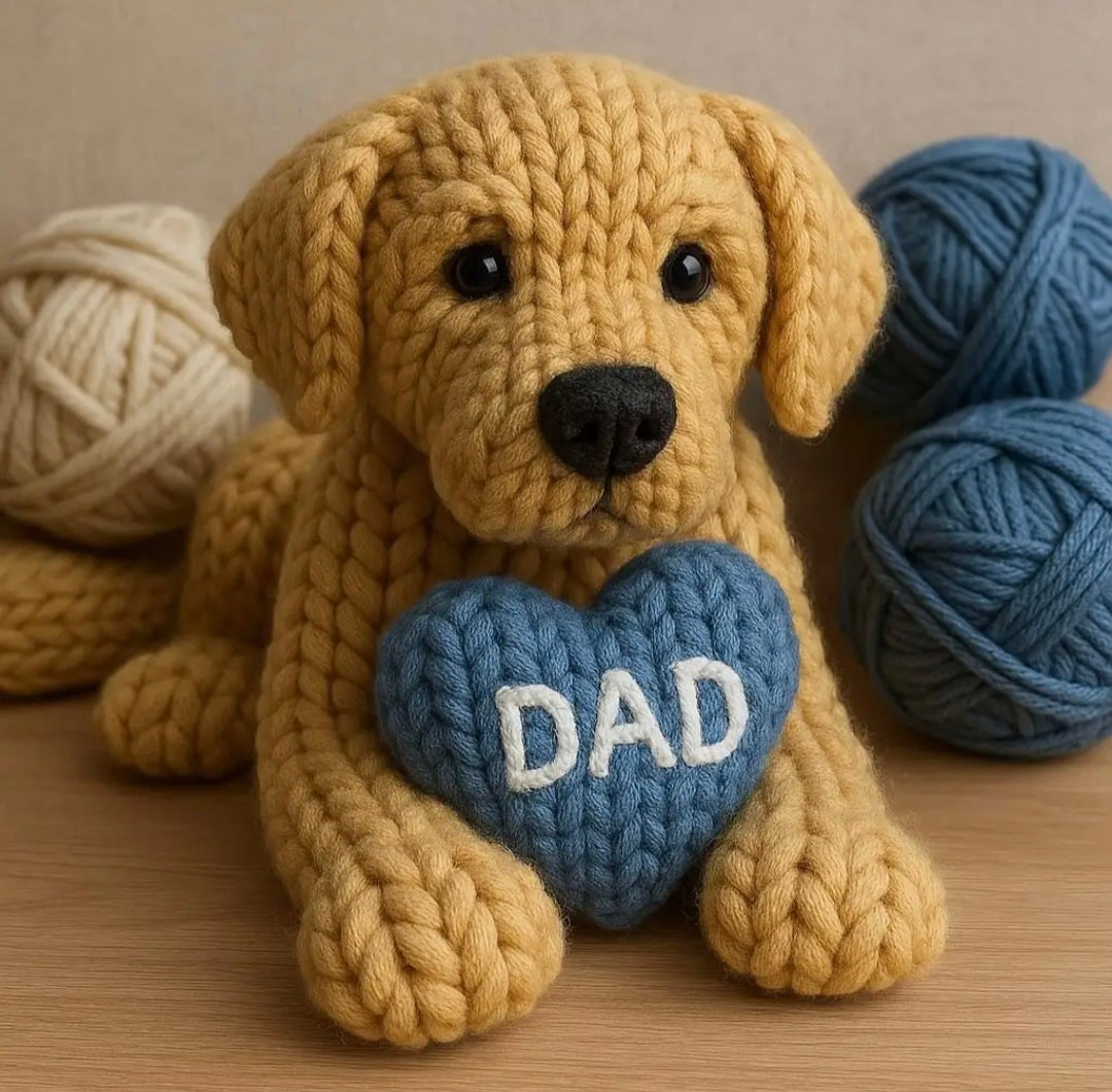 Knitted Yellow Labrador with a blue heart that says DAD