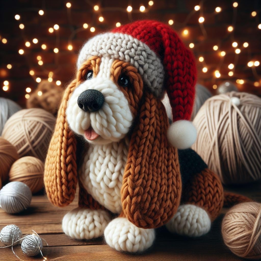Knitted Basset Hound Christmas Card