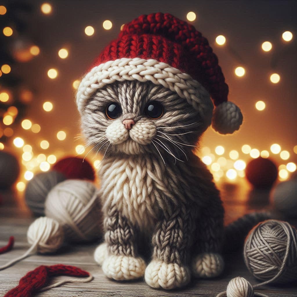 Tabby Cat Knitted Christmas Card