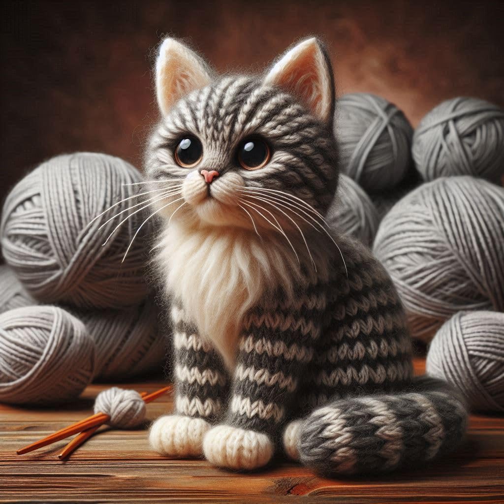 Knitted Tabby Cat Blank Card