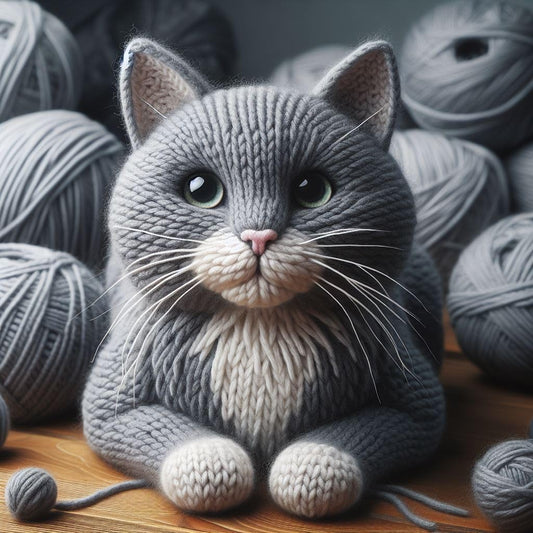 Knitted Grey Cat Blank Card