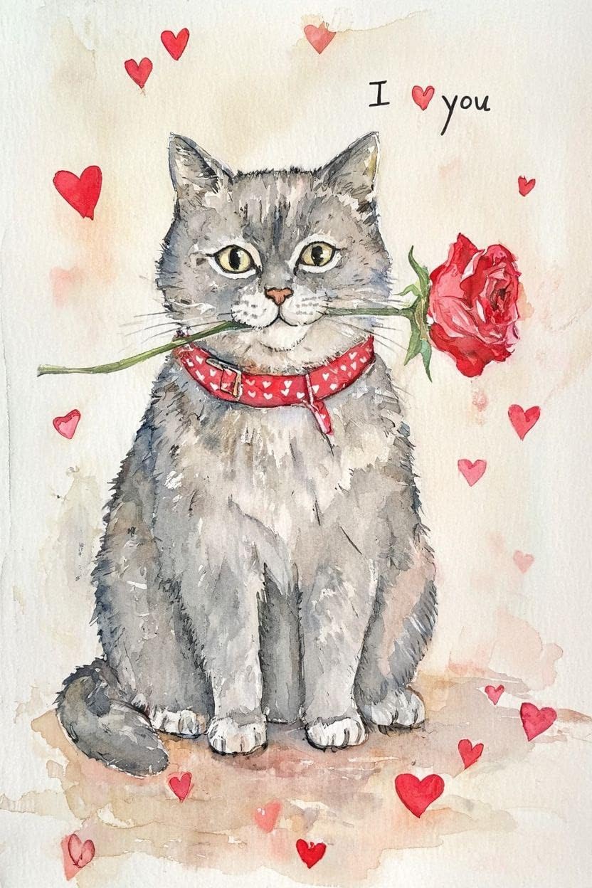 Grey Cat Valentine Card