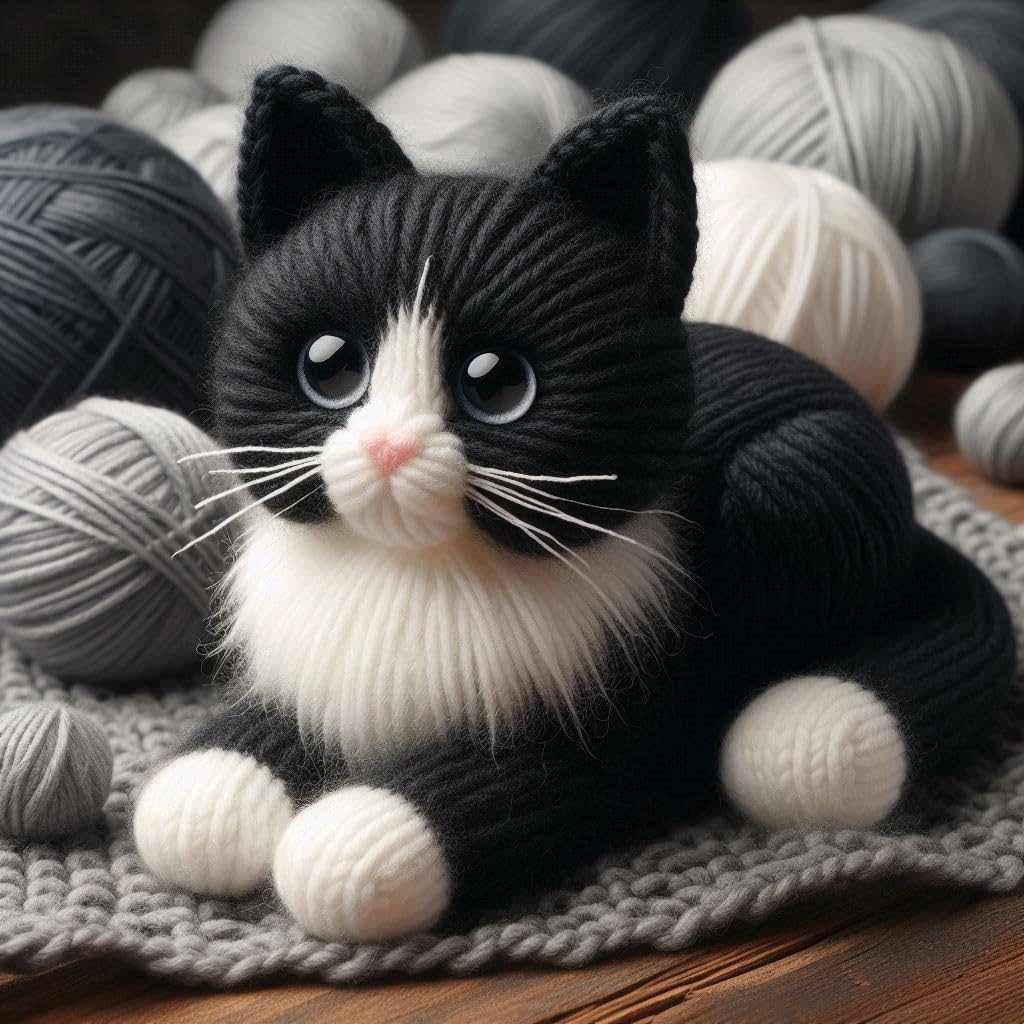 Knitted Black and White Cat Blank Card