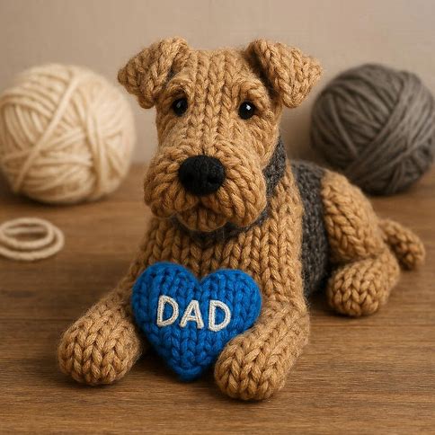 Knitted AiredaleTerrier with a blue heart that says DAD