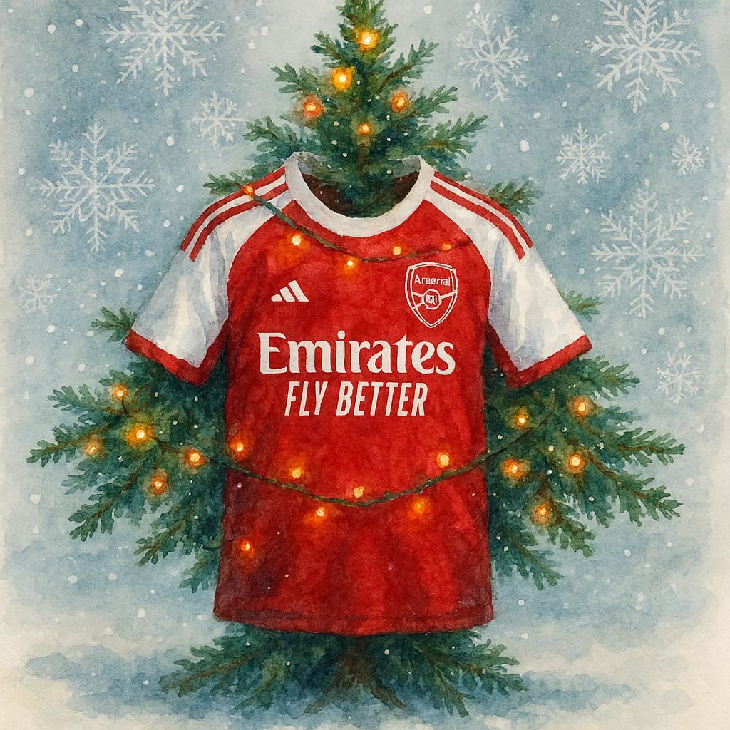 Arsenal sports jersey on a Christmas tree with lights and snowflakes.