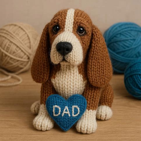 Knitted Basset Hound with a blue heart that says DAD