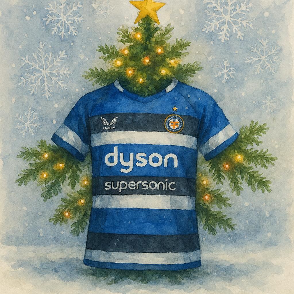 Christmas card featuring a Bath Rugby shirt and  a Christmas tree with lights and star.