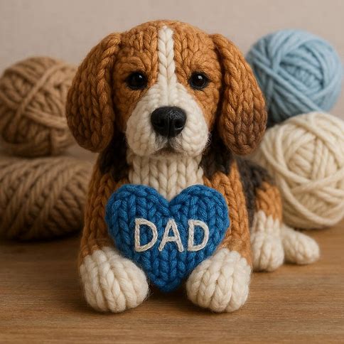 Knitted beagle with a blue heart that says DAD