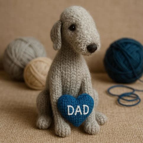 Knitted Bedlington Terrier with a blue heart that says DAD