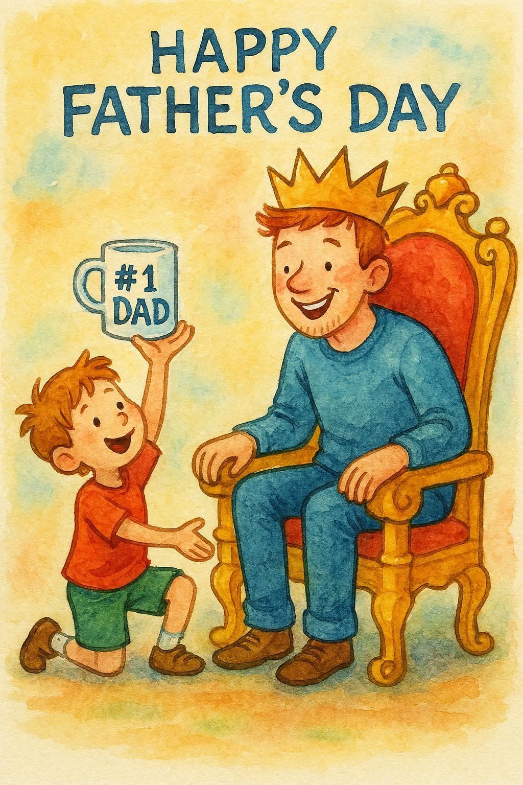 Illustration of a father and son with a 'Happy Father's Day' message and a '#1 Dad' mug.