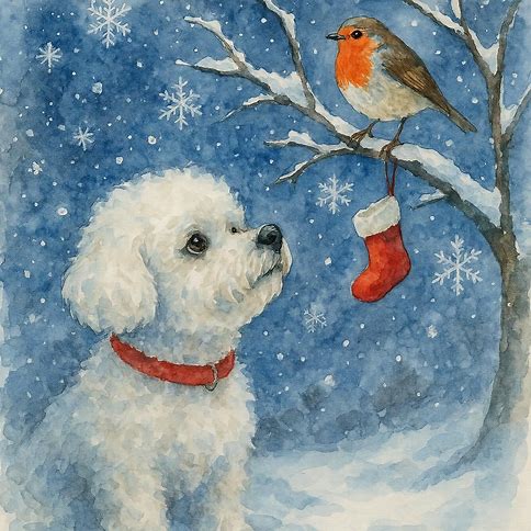 Christmas card featuring a Bichon and a robin in a snowy scene with a red stocking.