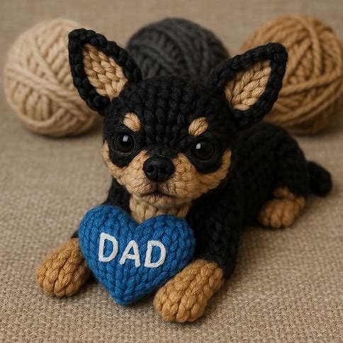 Knitted Chihuahua with a blue heart that says DAD