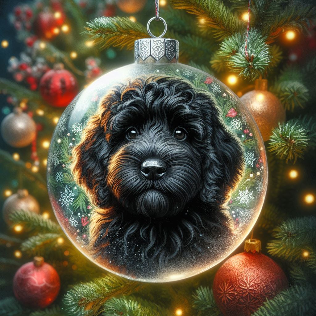 Black Cockapoo inside a Christmas bauble on a decorated tree