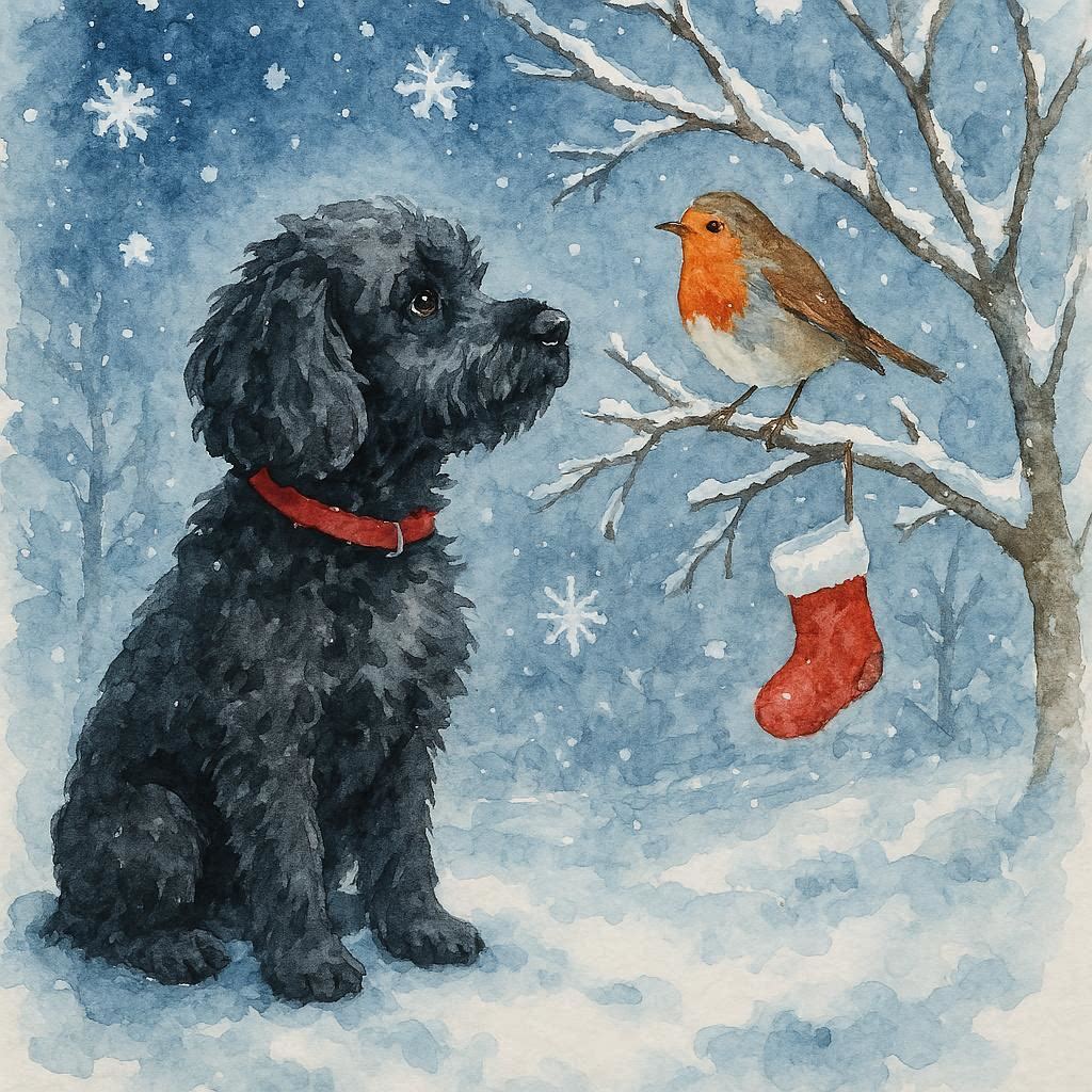 Christmas card featuring a black cockapoo with a red collar and a robin on a branch in a snowy scene.