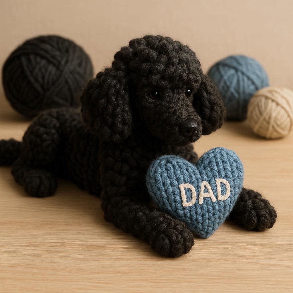 Knitted black poodle with a blue heart that says DAD