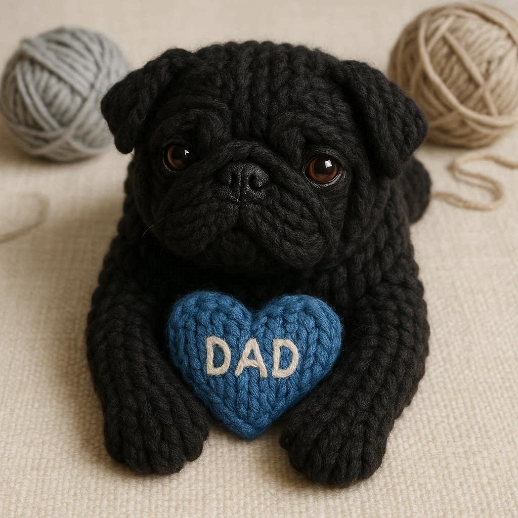 Knitted black pug with a blue heart that says DAD