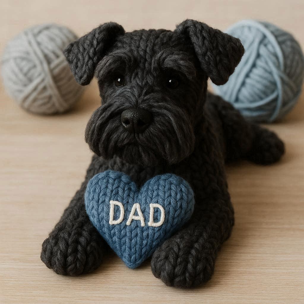 Knitted black schnauzer with a blue heart that says DAD