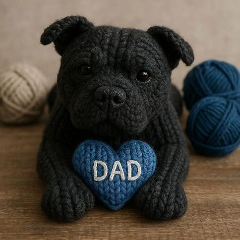 Knitted black staffie with a blue heart that says DAD