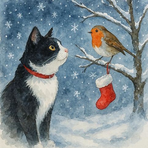 Christmas card featuring a black and white cat with a red collar, a robin, and a Christmas stocking in a snowy scene.