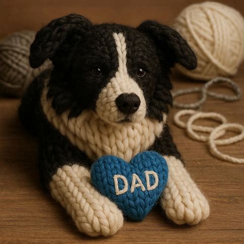 Knitted border collie with a blue heart that says DAD