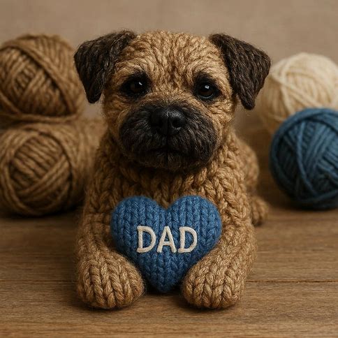 Knitted Border Terrier with a blue heart that says DAD